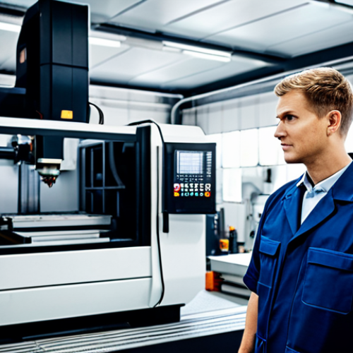 Home 7 A professional industrial engineer, fully clothed in a modest, professional uniform, stands confidently in a modern, high-tech mechanical machining workshop. They are observing a complex CNC machine operating, with robotic arms visible in the background, subtly hinting at Industry