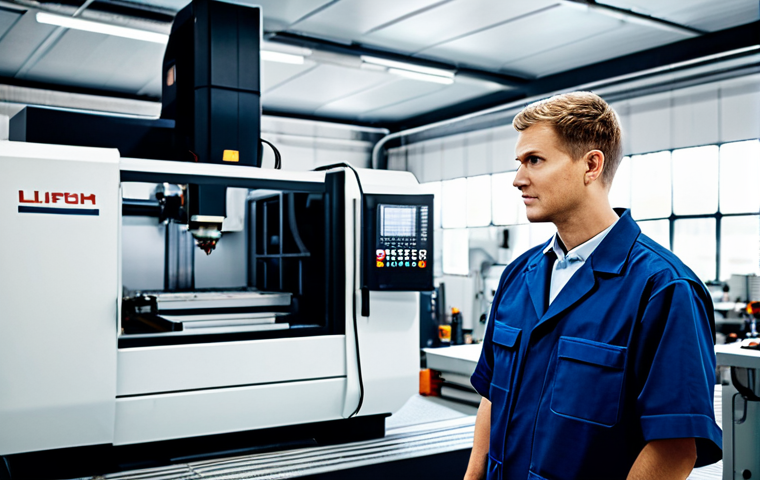 A professional industrial engineer, fully clothed in a modest, professional uniform, stands confidently in a modern, high-tech mechanical machining workshop. They are observing a complex CNC machine operating, with robotic arms visible in the background, subtly hinting at Industry