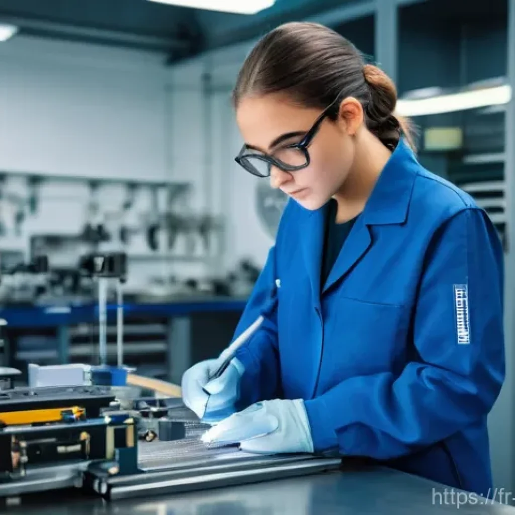 기계가공 실기 준비 팁 - **A Focused Technician Mastering Metrology:** A young, determined female engineering student, wearin...