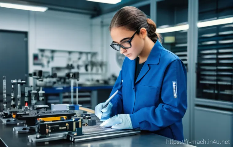 기계가공 실기 준비 팁 - **A Focused Technician Mastering Metrology:** A young, determined female engineering student, wearin...