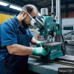 Home 22 기계가공 실습 장비 점검 방법 - A detailed industrial workshop scene showing a skilled technician performing a thorough daily visual...