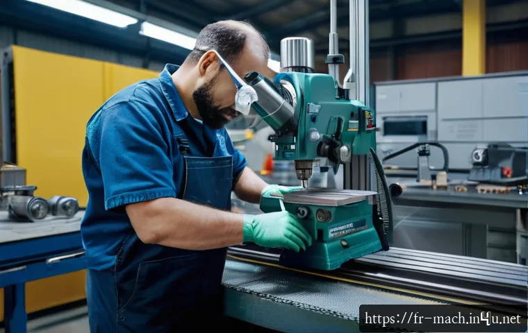 기계가공 실습 장비 점검 방법 - A detailed industrial workshop scene showing a skilled technician performing a thorough daily visual...