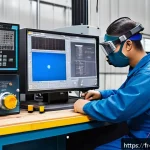 Home 20 기계가공 산업기사 실기 준비 노트 - A detailed workshop scene showing a skilled machinist wearing full personal protective equipment (sa...