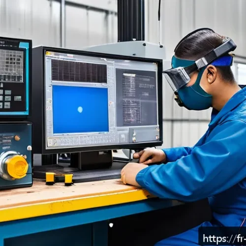 Home 32 기계가공 산업기사 실기 준비 노트 - A detailed workshop scene showing a skilled machinist wearing full personal protective equipment (sa...