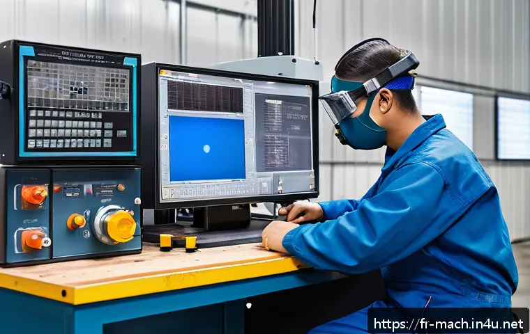기계가공 산업기사 실기 준비 노트 - A detailed workshop scene showing a skilled machinist wearing full personal protective equipment (sa...