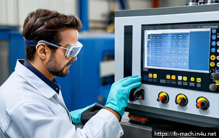 기계가공 자격증의 장점 - A skilled French industrial machinist in a modern workshop, wearing safety goggles, ear protection, ...