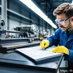 Home 23 기계가공 자격증 필수 실습 팁 - A skilled machinist in a modern industrial workshop, wearing safety glasses, gloves, and protective ...